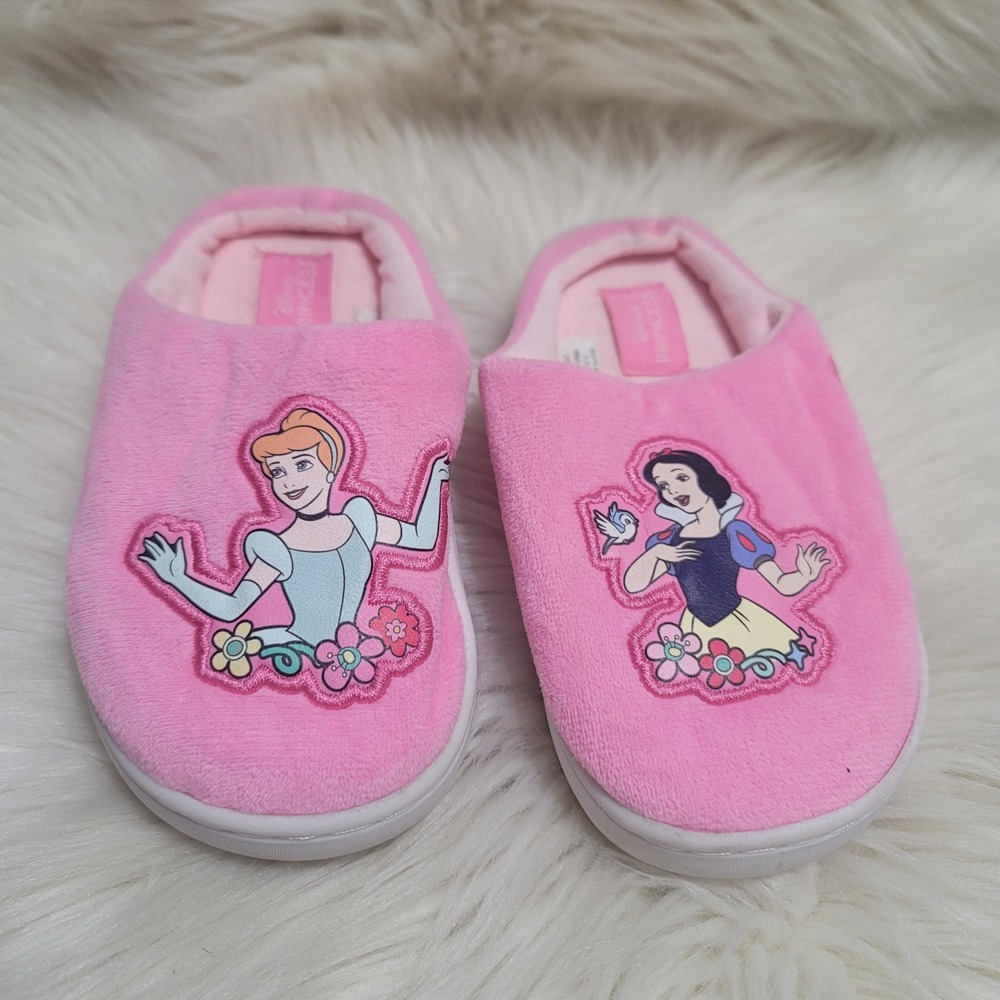 Disney Princess Slippers Girls 9/10 Pink Fleece Cinderella Snow White Loungewear
